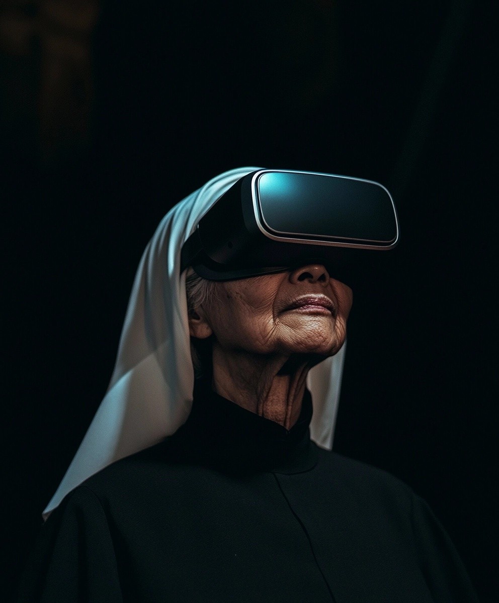 Woman wearing a VR headset - product design work by Gideon Awolesi